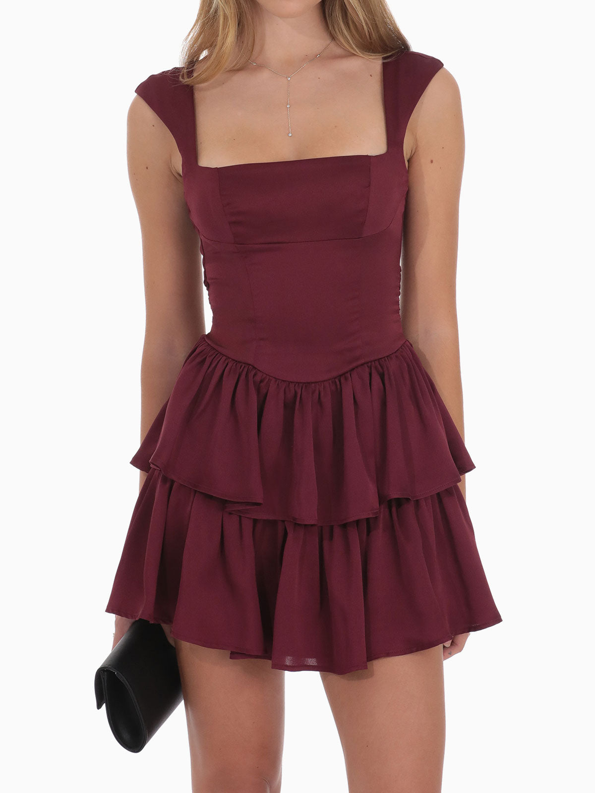 cute layered dress Misty Rose Off-The-Shoulder Frill-Layered Gown