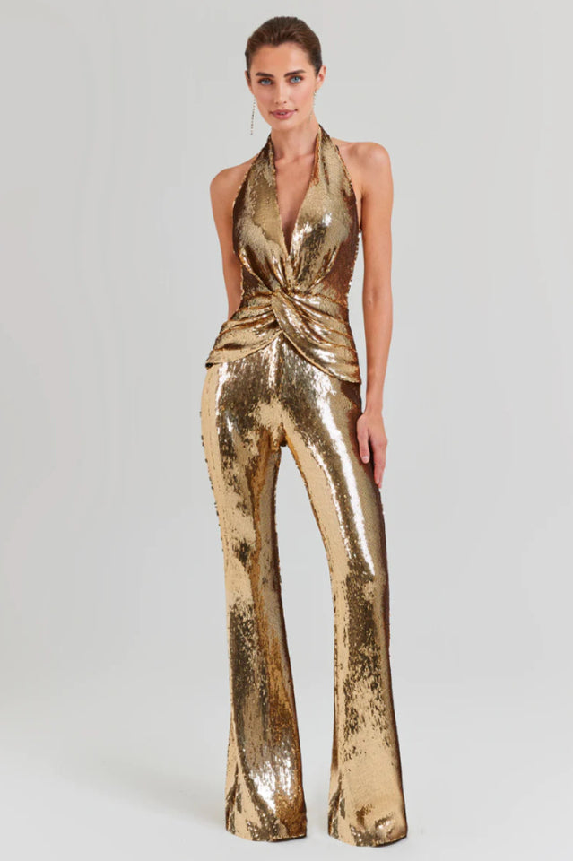 Women's Halter Draped Sequin Jumpsuit Gold