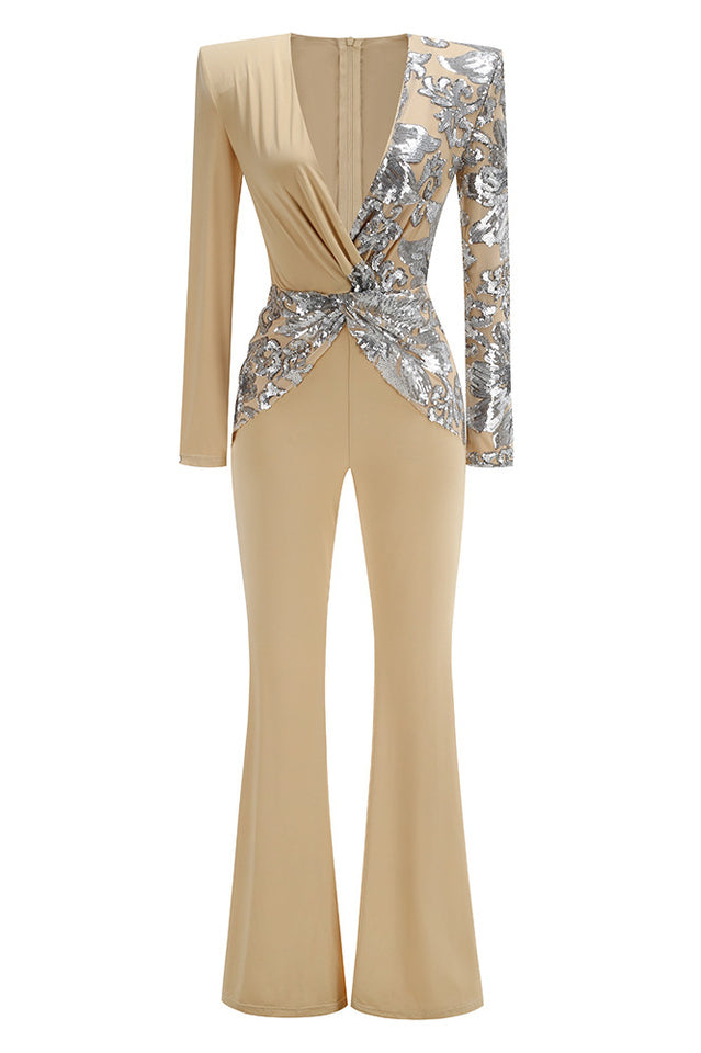 Women's Long Sleeve Sequin Jumpsuit Sand
