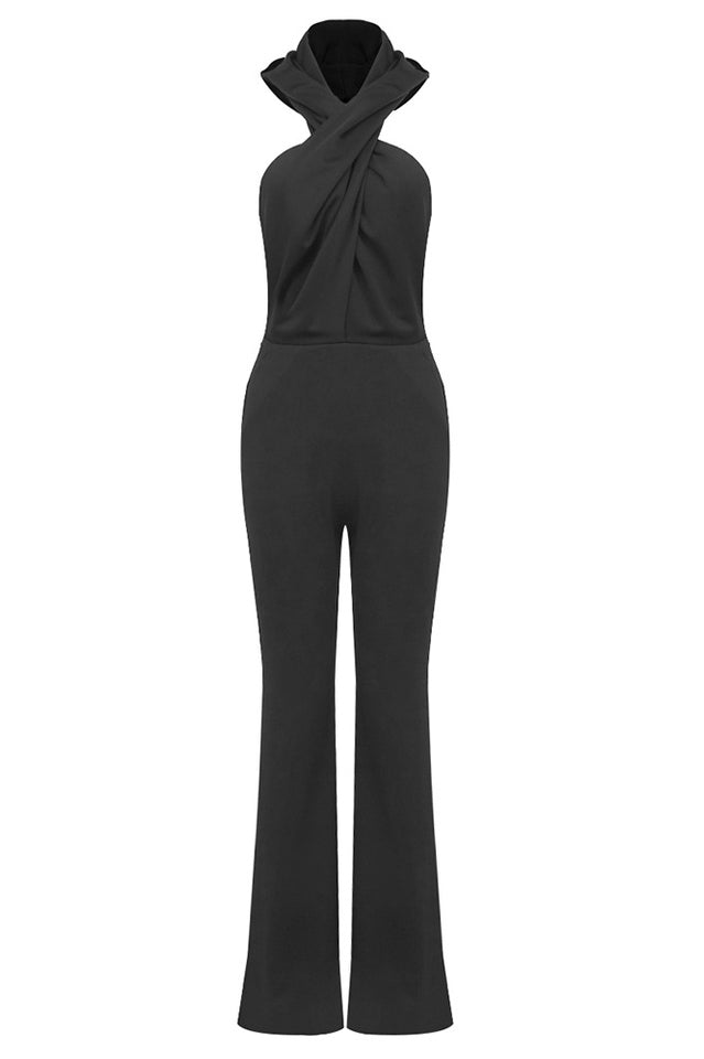Women's Backless Hooded Jumpsuit With Slip Pockets Black