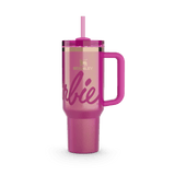 Stanley x Barbie pink metallic tumbler with handle and straw, isolated on white background.