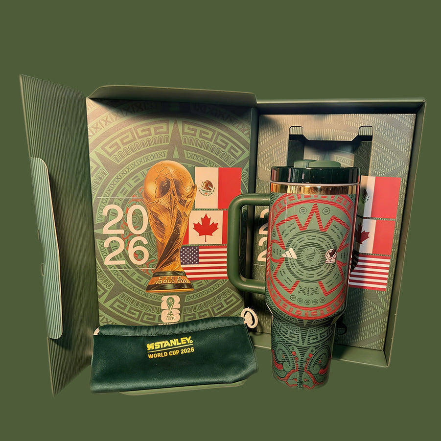 Stanley 40oz insulated tumbler with 2026 World Cup design, green and red patterns, includes matching gift box and protective pouch