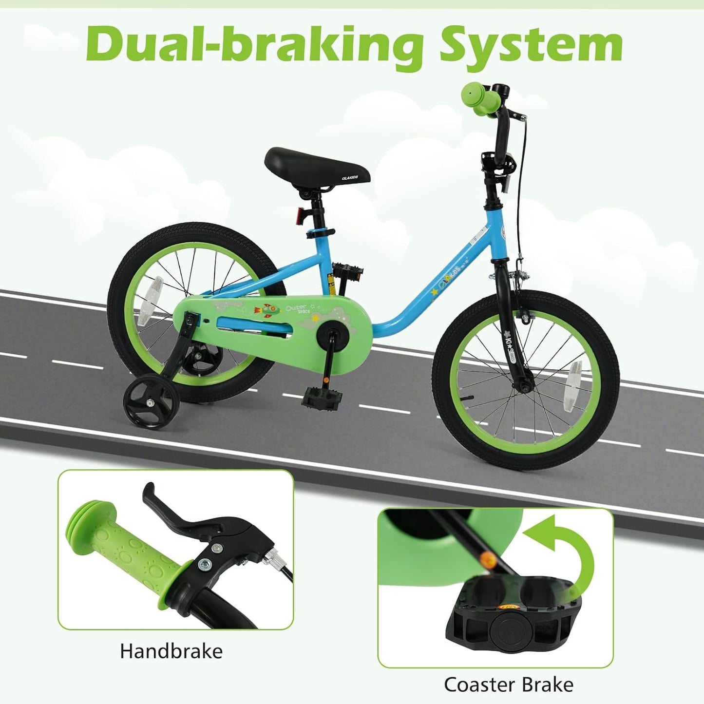 Olakids 12-16 Inch Space Theme Kids Bike with Training Wheels & Dual Brakes for Boys Girls 3-8