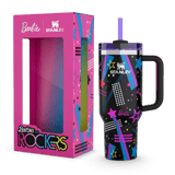 Stanley Barbie and the Rockers tumbler and its pink packaging box, showcasing the retro 80s inspired design.