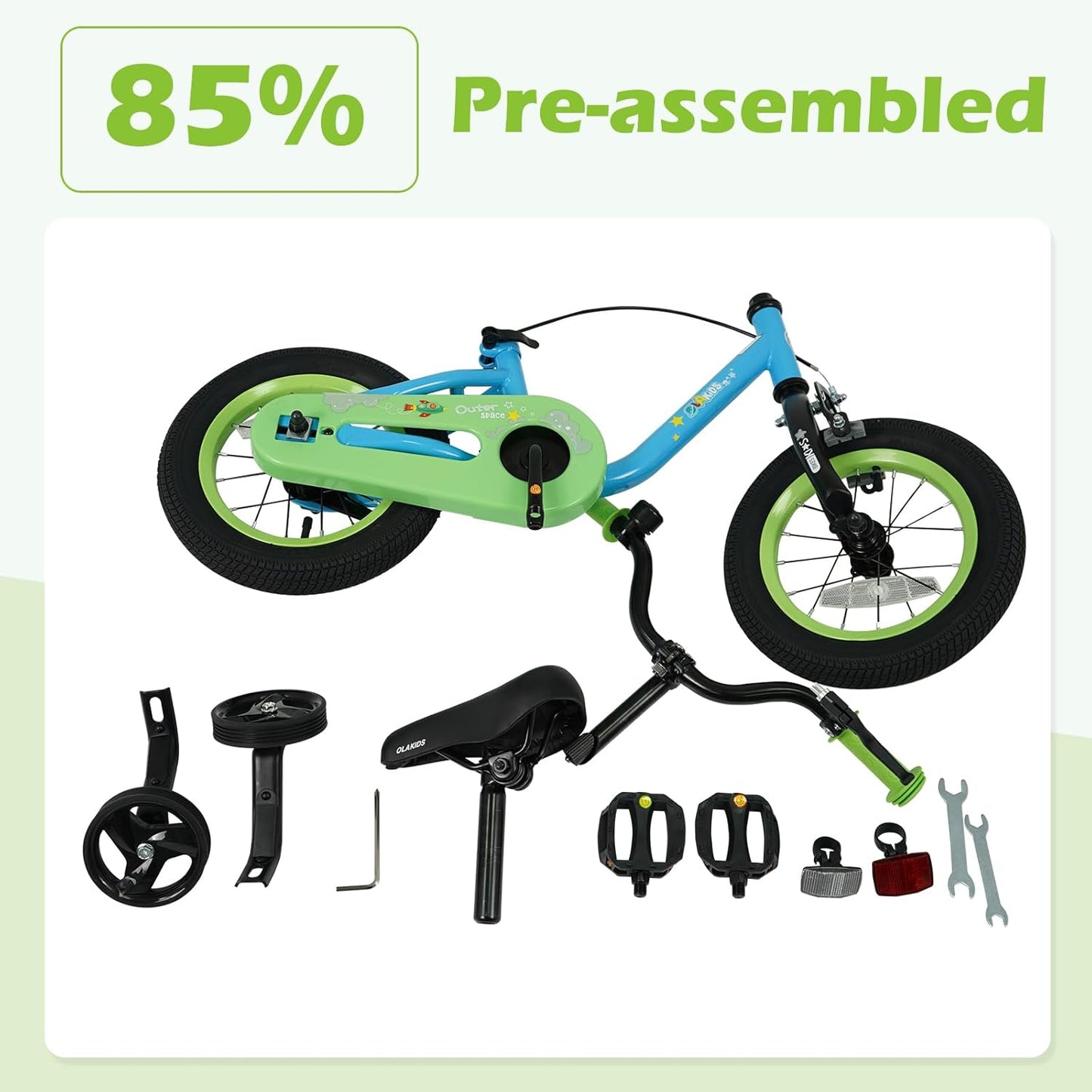 Olakids 12-16 Inch Space Theme Kids Bike with Training Wheels & Dual Brakes for Boys Girls 3-8