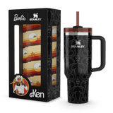 Stanley Barbie Ken Quencher H2.0 FlowState Tumbler, black with white western stitching pattern, shown next to its product packaging.