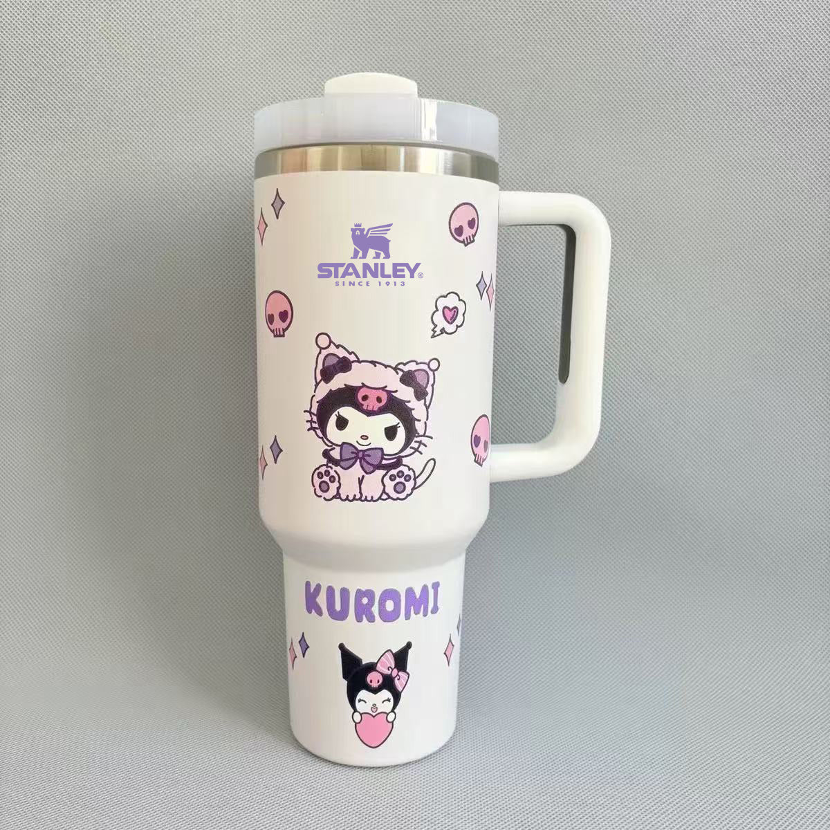 Stanley 40oz insulated tumbler featuring Kuromi character illustrations, pastel purple design