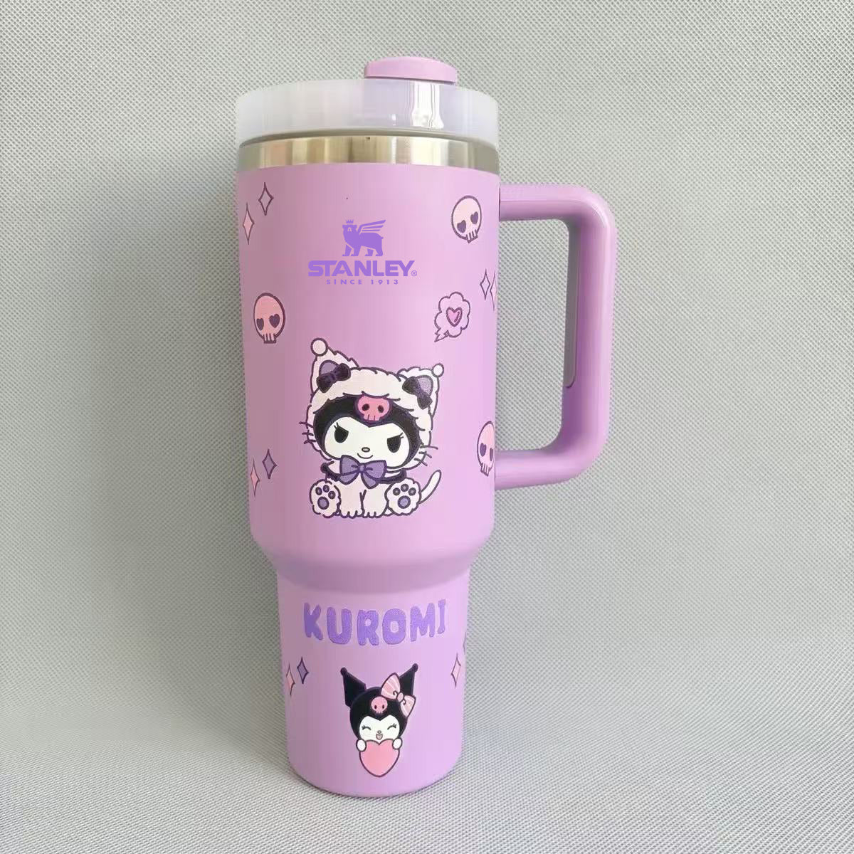 Stanley 40oz insulated tumbler featuring Kuromi character illustrations, pastel purple design