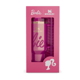 Stanley x Barbie pink metallic tumbler inside its pink Barbie-themed packaging, front view.