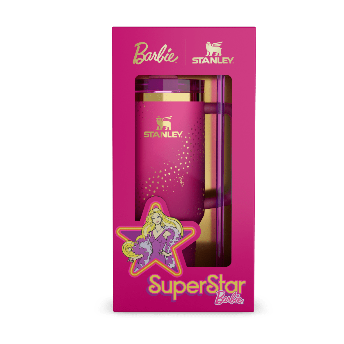Close-up of the Barbie x Stanley tumbler, highlighting the pink color and gold star design.