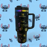 Stanley 40oz insulated tumbler featuring Stitch character illustrations, tropical leaves, and hibiscus flowers, white handle