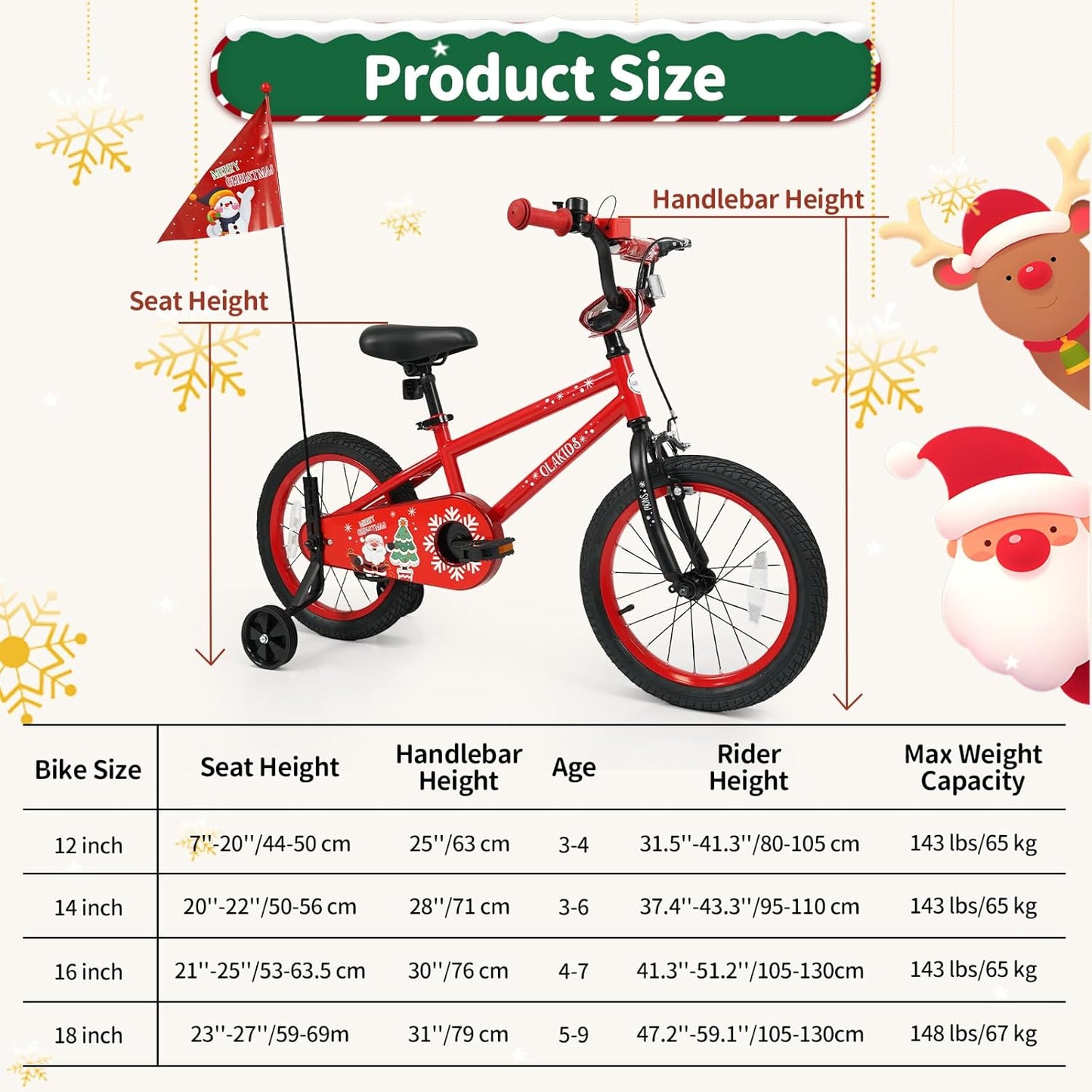 OLAKIDS Christmas Theme Kids Bike 12/14/16/18 Inch with Training Wheels & Music Box