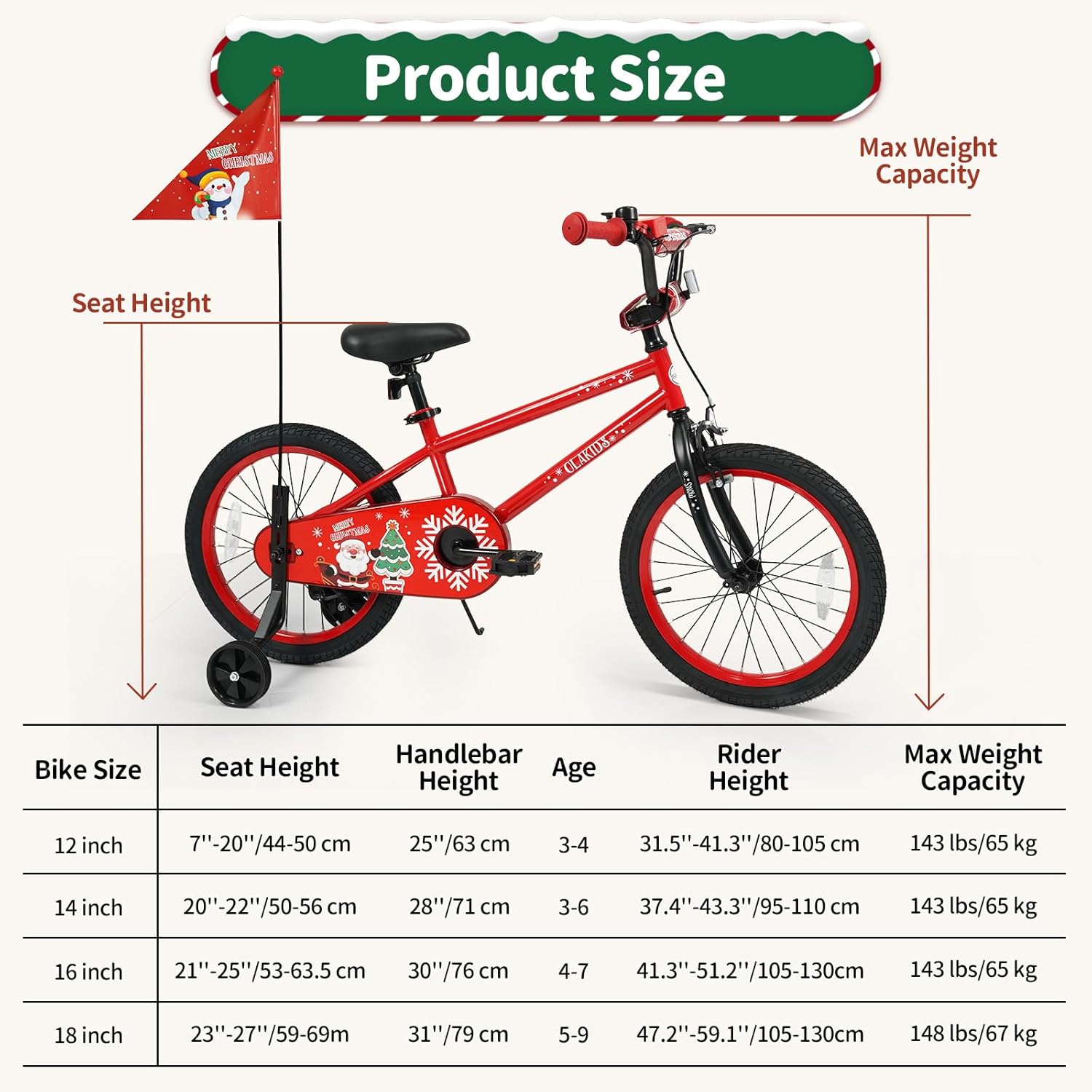 OLAKIDS Christmas Theme Kids Bike 12/14/16/18 Inch with Training Wheels & Music Box