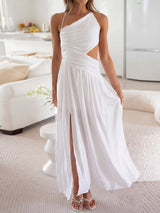 Asymmetrisches Cutout-Trägerkleid mit Raffungen, hohem Schlitz und gebundenem Rückenteil