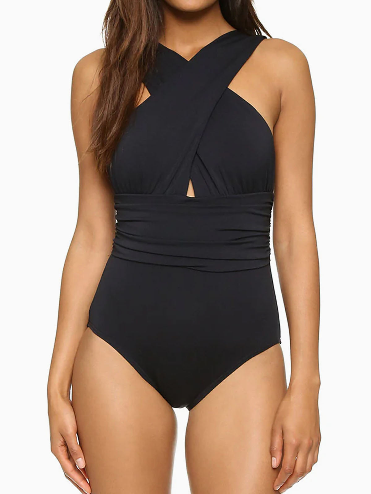Athletic Wide Strap Moderate Ruched Wrap Front One Piece Swimsuit