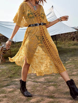 Boho Häkel-V-Ausschnitt, Cape-Ärmel, bestickte Spitze, Strand-Midi-Vertuschung