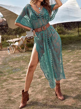Boho Häkel-V-Ausschnitt, Cape-Ärmel, bestickte Spitze, Strand-Midi-Vertuschung