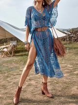 Boho Häkel-V-Ausschnitt, Cape-Ärmel, bestickte Spitze, Strand-Midi-Vertuschung