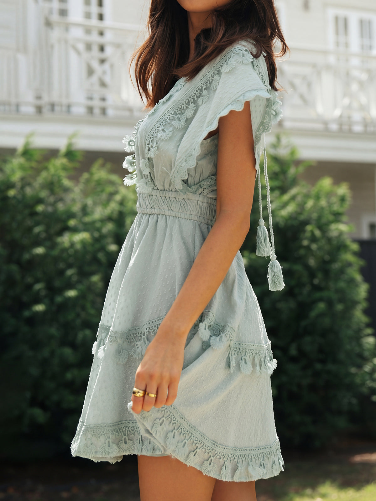 Boho Deep V Häkelspitze Fransen Stufen Resort Swiss Dot Minikleid