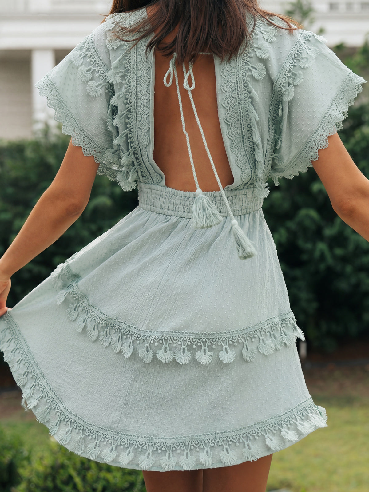 Boho Deep V Häkelspitze Fransen Stufen Resort Swiss Dot Minikleid
