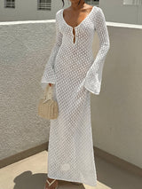 Boho Deep V Long Sleeve Beach Crochet Knit Cover Up Maxi Dress