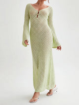 Boho Deep V Long Sleeve Beach Crochet Knit Cover Up Maxi Dress