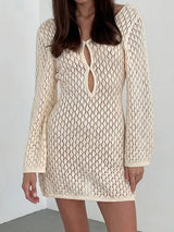 Boho Deep V Long Sleeve Beach Crochet Knit Cover Up Mini Dress