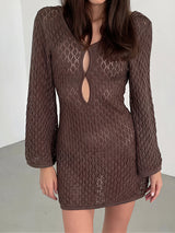 Boho Deep V Long Sleeve Beach Crochet Knit Cover Up Mini Dress