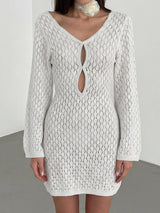 Boho Deep V Long Sleeve Beach Crochet Knit Cover Up Mini Dress