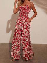 Boho Blumenmuster Gesmokter Ärmelloser Jumpsuit mit Taschenbesatz und weitem Bein für den Urlaub