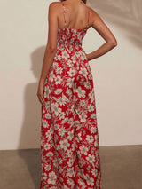 Boho Blumenmuster Gesmokter Ärmelloser Jumpsuit mit Taschenbesatz und weitem Bein für den Urlaub