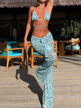 Boho Floral Tie Side Lace Trim Wrap Triangle Three Piece Bikini Set