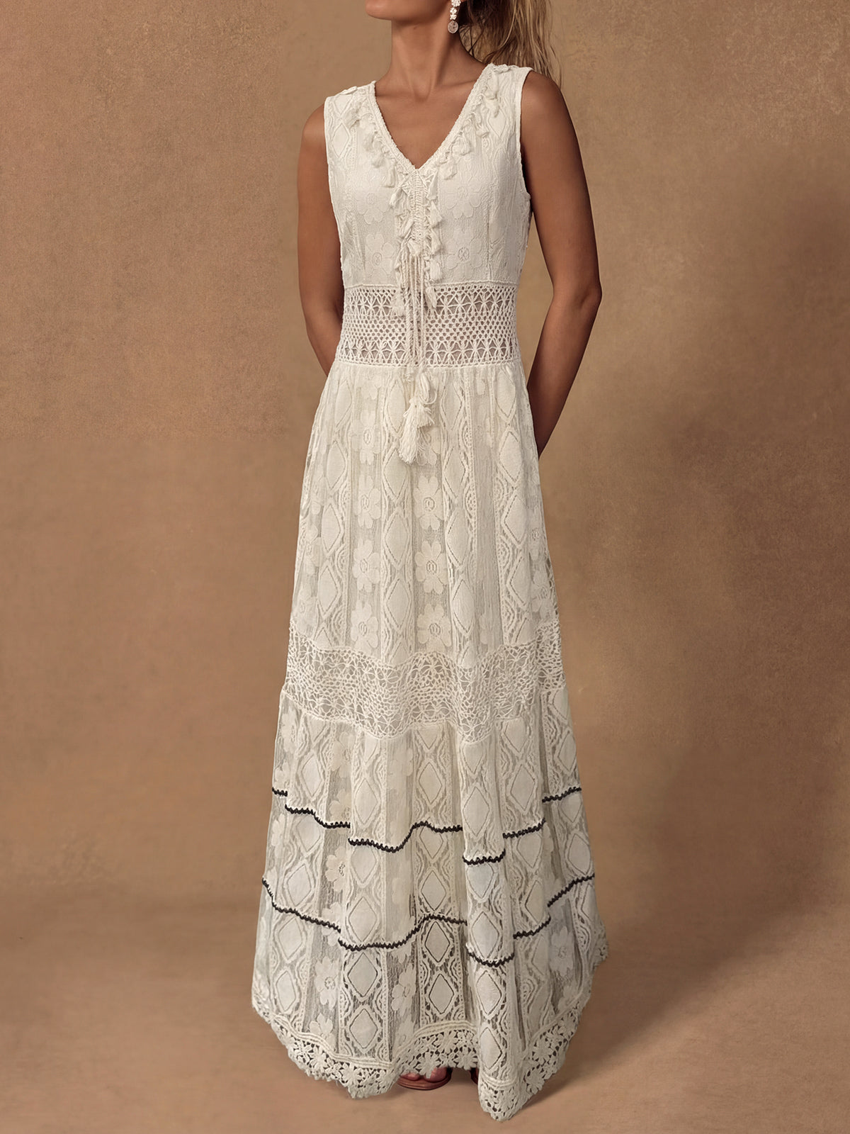 Boho Fransen V-Ausschnitt Häkelspitze Blumen Resort Ärmelloses Maxikleid