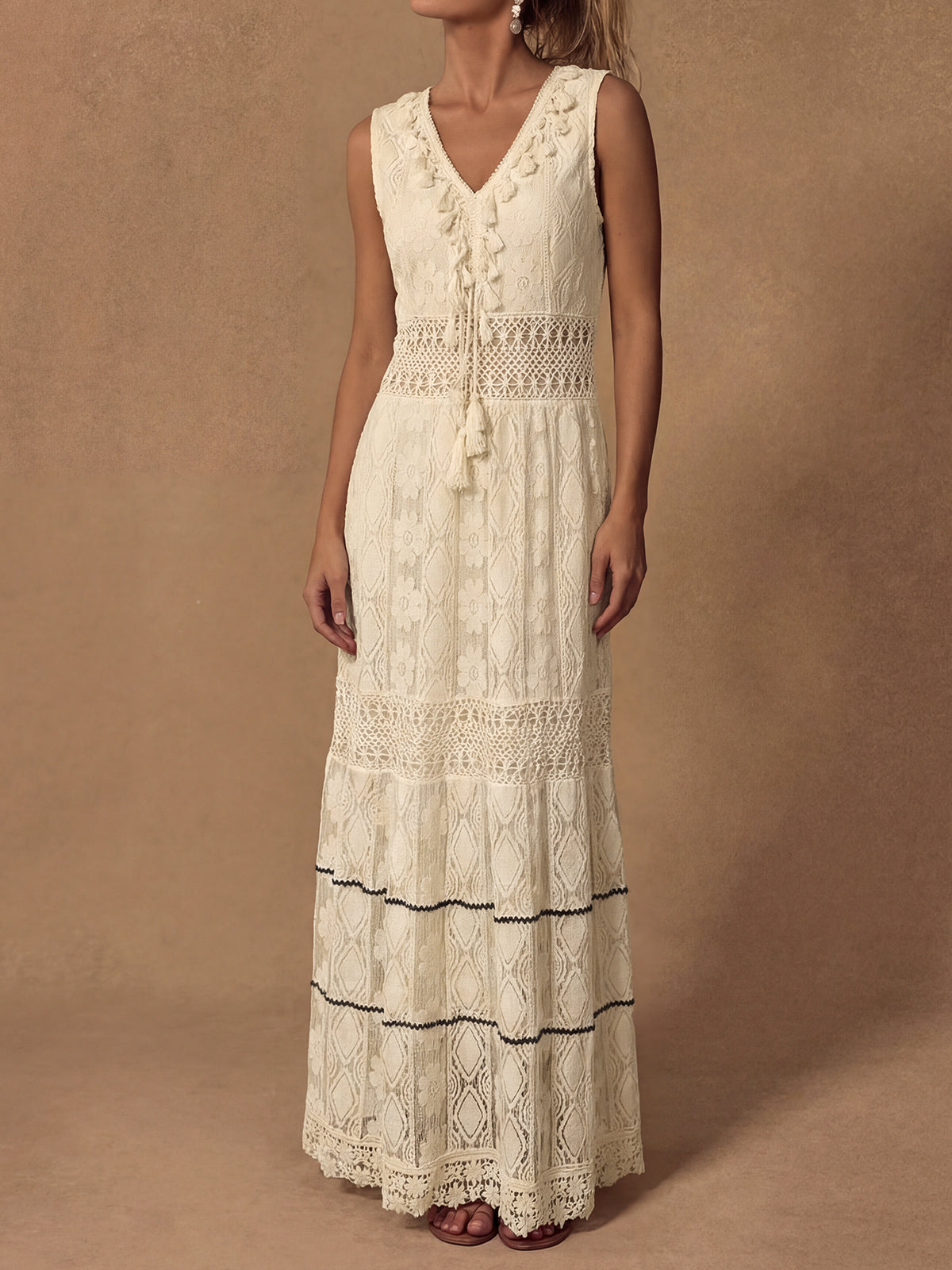 Boho Fransen V-Ausschnitt Häkelspitze Blumen Resort Ärmelloses Maxikleid