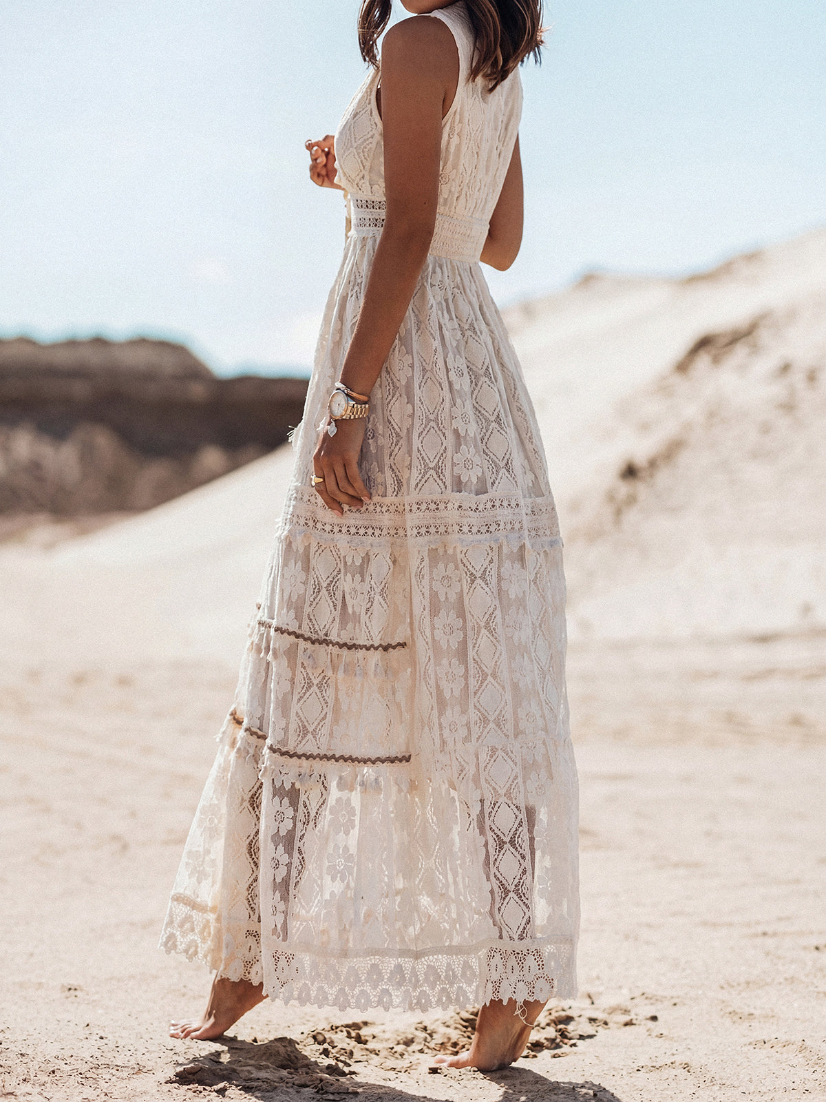 Boho Fransen V-Ausschnitt Häkelspitze Blumen Resort Ärmelloses Maxikleid