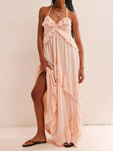 Boho Halter Tie Back Tiered Ruffle Resort Crinkled Babydoll Maxi Dress
