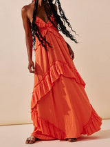 Boho Halter Tie Back Tiered Ruffle Resort Crinkled Babydoll Maxi Dress