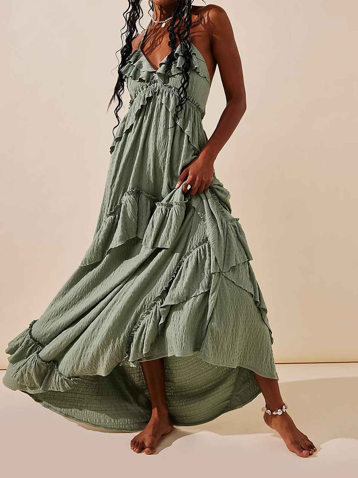 Boho Halter Tie Back Tiered Ruffle Resort Crinkled Babydoll Maxi Dress