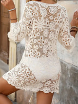 Boho Spitzen-Schnürung-Ellenbogenärmel-Strand-Häkelstrick-Strandkleid-Minikleid