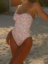Boho Print Scrunch Bow Trim Bandeau One Piece Swimsuit