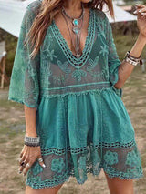 Boho V Neck Elbow Sleeve Embroidered Lace Mini Beach Cover Up