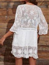 Boho V Neck Elbow Sleeve Embroidered Lace Mini Beach Cover Up
