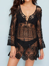 Breezy Lace Up V Neck Sleeved Beach Crochet Knit Cover Up Mini Dress
