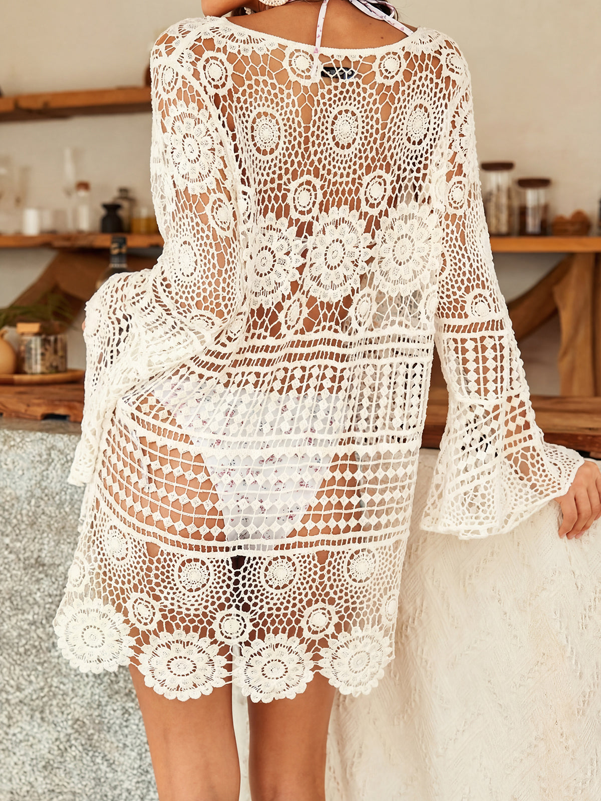 Breezy Lace Up V Neck Sleeved Beach Crochet Knit Cover Up Mini Dress