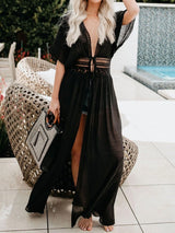 Breezy Tie Front Short Sleeve Crochet Lace Beach Maxi Cover Up