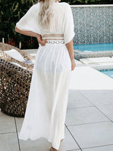 Breezy Tie Front Short Sleeve Crochet Lace Beach Maxi Cover Up