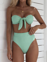 Klassischer High Waist Cheeky Bow Tie Gerippter Bandeau Zweiteiliger Bikini Set