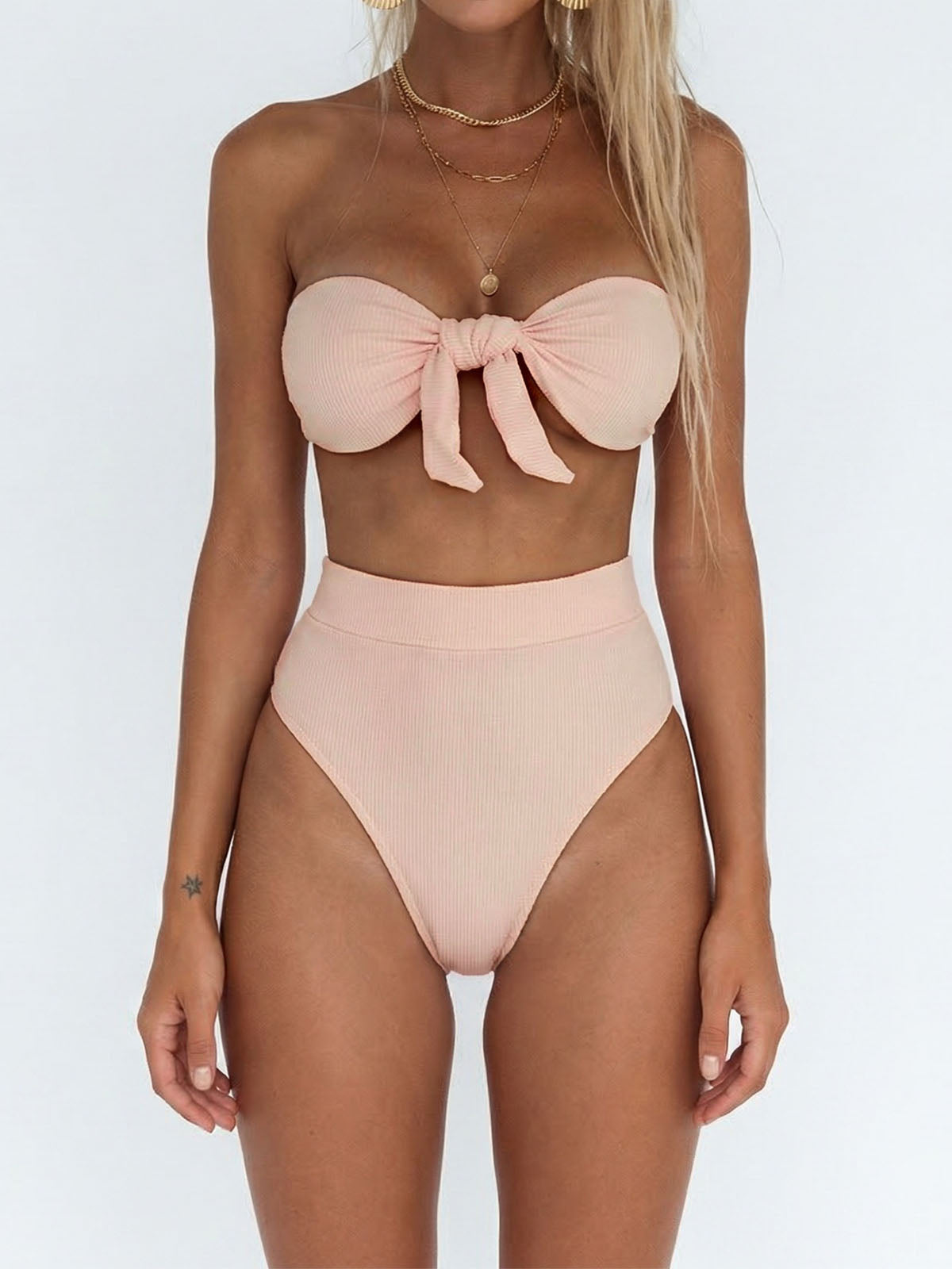 Klassischer High Waist Cheeky Bow Tie Gerippter Bandeau Zweiteiliger Bikini Set