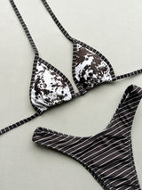 Contrast Striped High Cut Cheeky Floral Halter Two Piece Bikini Set