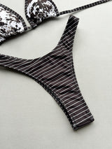Contrast Striped High Cut Cheeky Floral Halter Two Piece Bikini Set